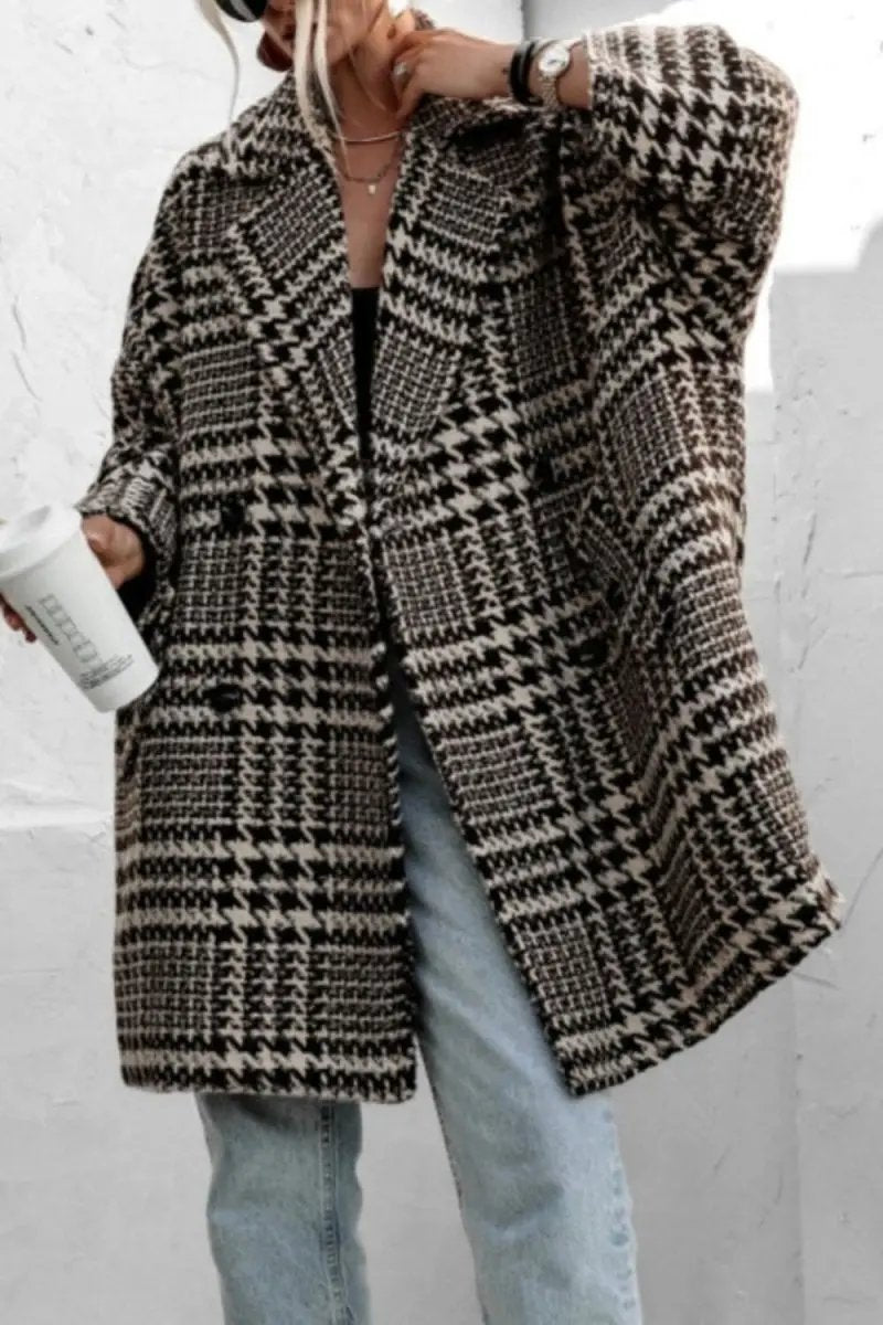 Houndstooth Collared Neck Long Sleeve Coat with Pockets - Love Salve